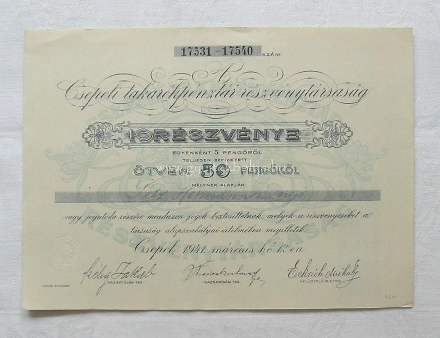 Csepeli Takarékpénztár részvény 50 pengõ 1941